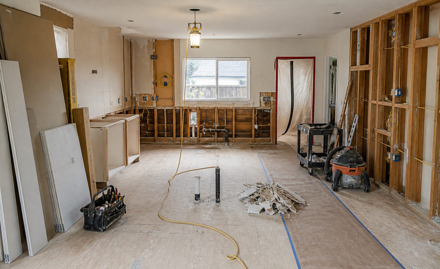 Kitchen before remodel — gutted to the studs