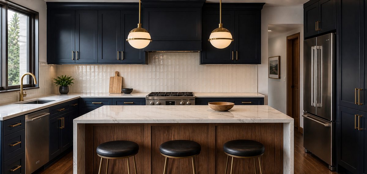 Modern kitchen renovation with navy cabinets, marble island, brass fixtures, and warm wood accents
