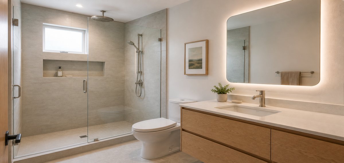 Modern bathroom renovation with glass walk-in shower, wood vanity, and warm neutral tile